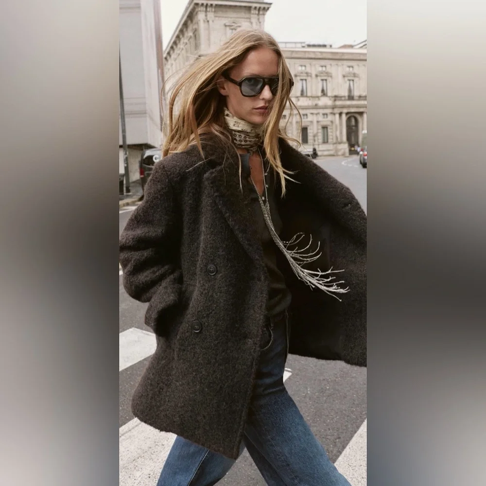 Zara Bouclé Double-Breasted Mid-Length Coat Brand New